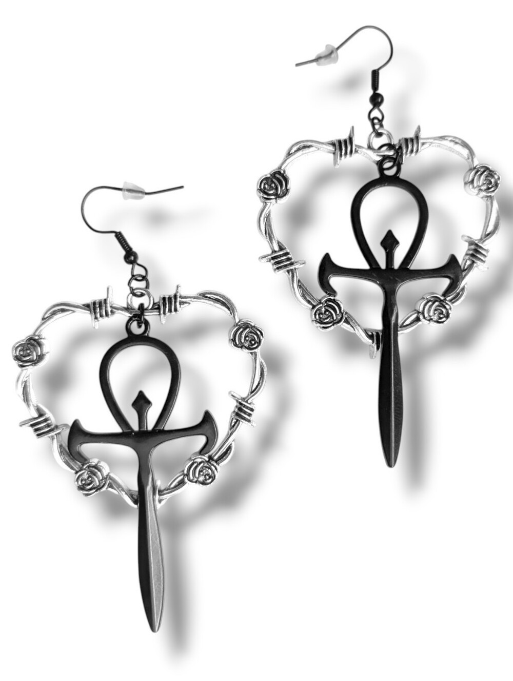 NWT Handmade Large Silver Barbed Wire Heart and Black Ankh Earrings